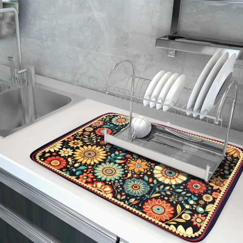 Boho Floral Dish Drying Mat for Kitchen Counter Absorbent Microfiber Flowers Drying Pad 18 X 24 In (Boho Floral Black A / 24" x 18")