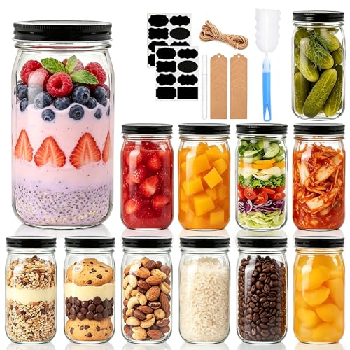 32 OZ Glass Jars with Lids Set of 12 (32oz - Black Lid)