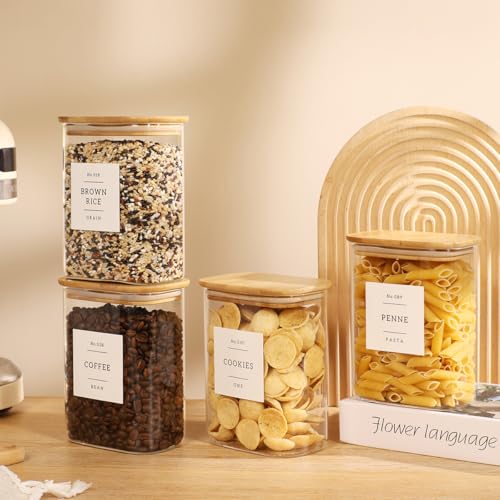 4 Pack Square Glass Pantry Storage Containers with 132 Kitchen Food Pantry Labels