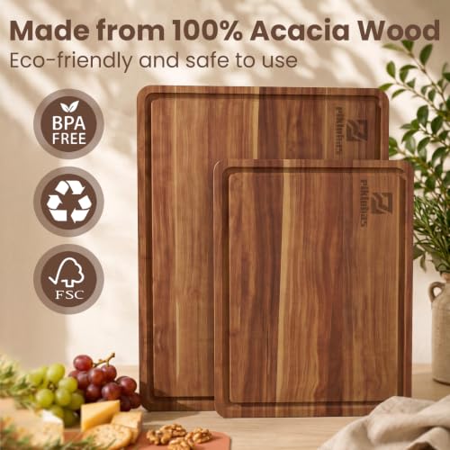 Large Acacia Wood Cutting Board Set for Kitchen with Storage Stand (Brown)