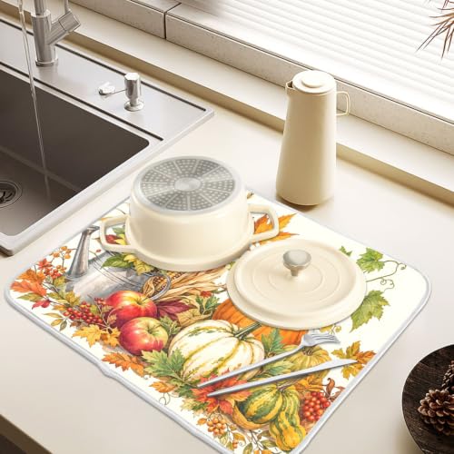 Autumn Fall Harvest Pumpkins Dish Drying Mat for Kitchen Counter Absorbent Microfiber Large Drying Pad Dish mats for Kitchen Countertops 18 x 24 Inch (Thanksgiving Harvest Pumpkins / 24" x 18")