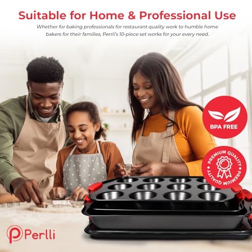 Non-Stick 10-Piece Baking Pan Set, BPA-Free Carbon Steel Bakeware Set with Silicone Handles, Stackable Kitchen Oven Set, Cookie Sheet, Baking Tray, Baking Sheet Set, Oven Safe (446°F) (10 Piece)