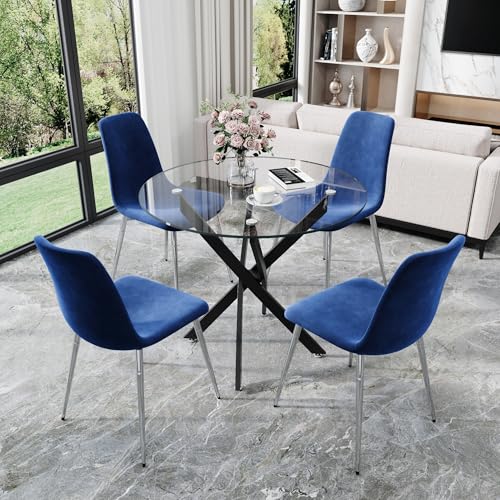 36” Round Glass Dining Table Set for 4 (Black Round Table/Blue Velvet Chairs / 5 Pieces)