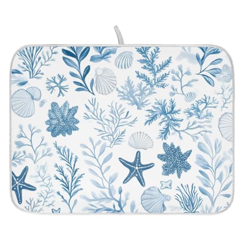 Coastal Sea Star Coral Nautical Dish Drying Mat for Kitchen Counter Absorbent Microfiber Small Drying Pad Dish mats for Kitchen Countertops 16 x 18 Inch (Coastal Sea / 18" x 16")