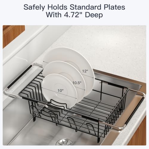 Expandable Dish Drying Rack Over Sink with Extra Drainboard (Black / For 11.5"-16" W Sink with Cup Holder & Drainboard)