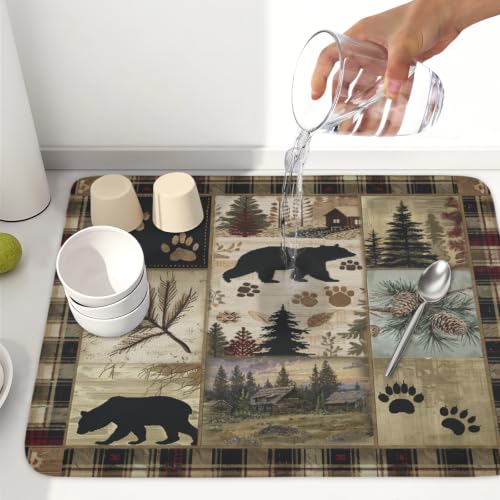 Black Bear Dish Drying Mat Forest Cabin Decorative Dishes Pad 18x24 Inch Absorbent Fast Dry Dish Drainer Rack Mats for Kitchen Counter Sink (Black Bear / 18x24 inch)