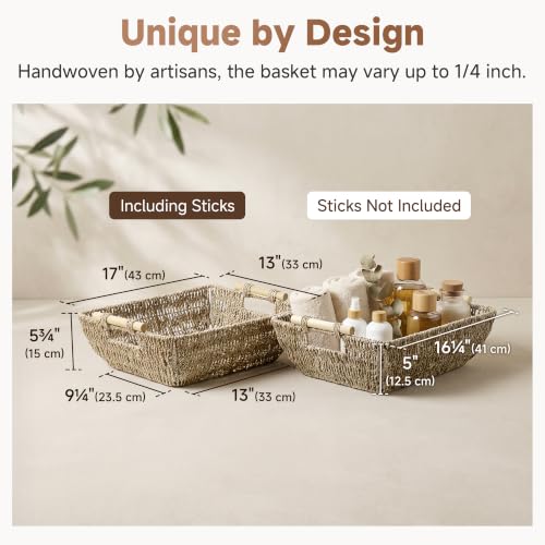 Hand Woven Jumbo Storage Baskets with Wooden Handles (Natural(Seagrass) / Large)