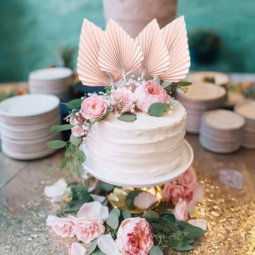 6Pcs Paper Palm Fan Cake Toppers Palm Leaf Fan Cake Topper Palm Spear Leaf Cupcake Toppers Cake Insert Decoration For Cake Decorating Diy Craft Project Home Wedding Party Supplies Pink (Pink)