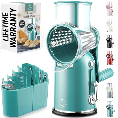 Rotary Cheese Grater Manual Hand Crank 5 Blade Shredder (5 Blades / Classic | Green)