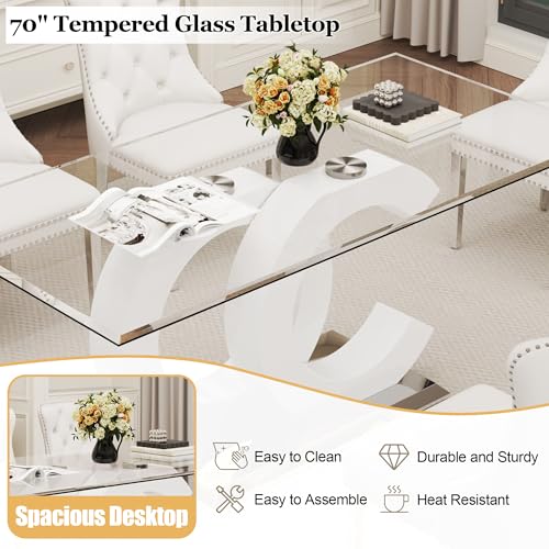 7 Piece Glass Dining Table Set for 6 (White Table & Silver White Chair / 7-Piece Set-OC-Shaped Table)