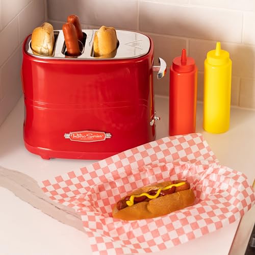 2 Slot Hot Dog and Bun Toaster with Mini Tongs (Metallic Red)