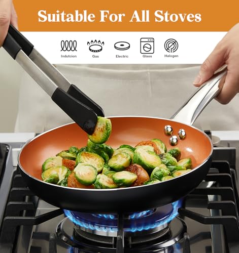10in Copper Nonstick Frying Pans with Lids and Titanium Ceramic Interior (Copper-Silver / 10 Inch)