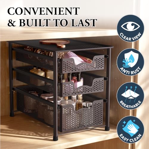 Stackable 3 Tier Sliding Basket Organizer Drawer (3-Tier / Bronze)