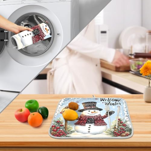 Winter Snowman Christmas Dish Drying Mat for Kitchen Counter Absorbent Microfiber Large Drying Pad Dish mats for Kitchen Countertops 18 x 24 Inch (Winter Snowman / 24" x 18")