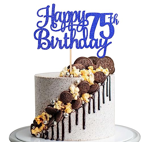 1 PCS Happy 75th Birthday Cake Topper Glitter Cheers to 75 Years Birthday Cake Pick Seventy Five 75 Fabulous Cake Decoration for Happy 75th Birthday Theme Party Decorations Supplies Blue (Blue / 75th)