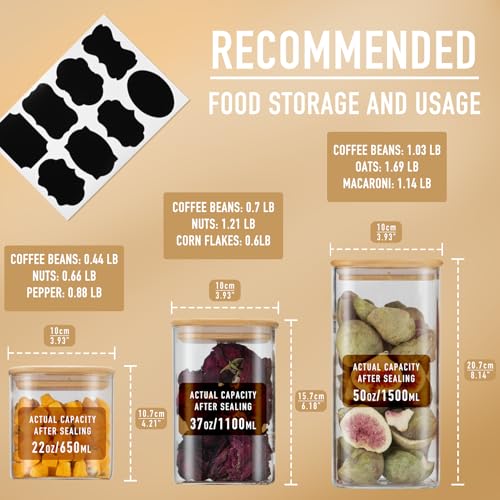 22oz/37oz/50oz Square Glass Storage Containers with Lids 6-Pack (22oz*2/37oz*2/50oz*2)