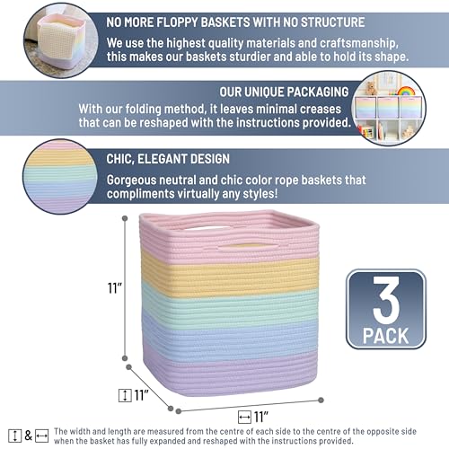 Storage Cubes 11 Inch Cotton Rope Woven Baskets for Organizing (Pastel Rainbow)