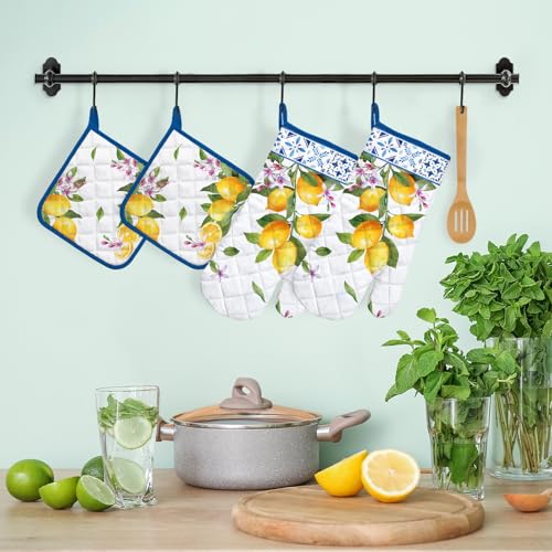 Summer Lemon Oven Mitts and Pot Holders Set (Lemon / Oven Mitt x2 & Pot Holder x2)