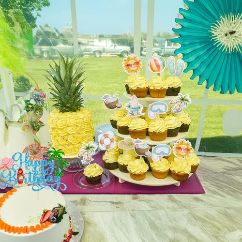 37Pcs Summer Beach Pool Cupcake Toppers Glitter Beach Happy Birthday Cake Topper Ball Sun Umbrella Water Gun Cupcake Picks for Tropical Hawaii Theme Birthday Party Decorations Supplies Blue (Blue 3)