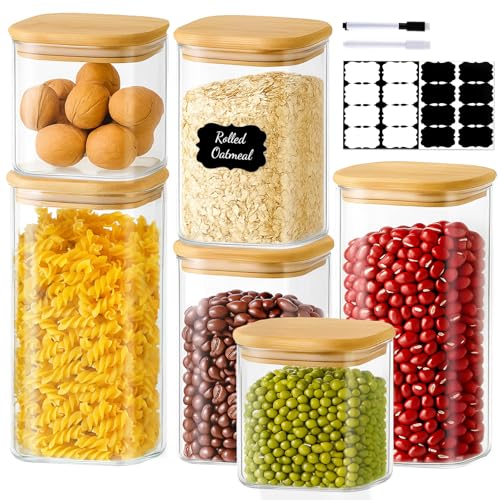 6 Pack Square Glass Storage Containers with Bamboo Lids (6 Count)