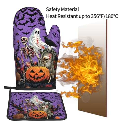Halloween Pumpkin Oven Mitts and Pot Holder Set of 2 Spooky Ghost Bat Heat Resistant Kitchen Gloves Hot Pad for Baking Cooking Grilling BBQ (Halloween Purple)
