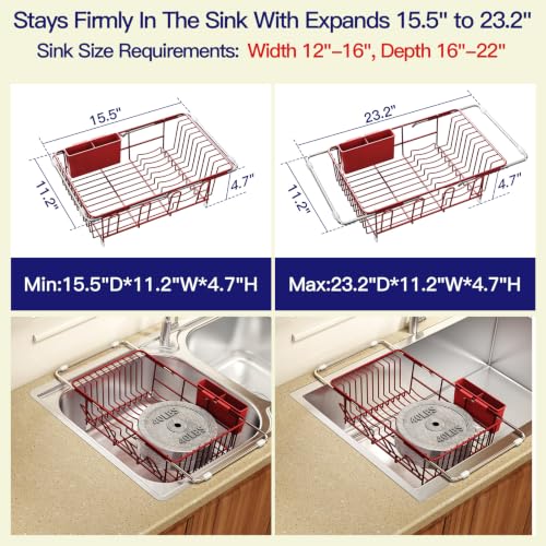 Red Expandable Dish Drying Rack Over Sink with Extra Drainboard (Red / For 11.5"-16" W Sink with Cup Holder & Drainboard)