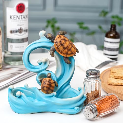 Resin Ocean Sea Turtle Salt And Pepper Shakers Set Holder with Glass Spice Jars (SeaTurtle)