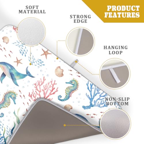 Coastal Ocean Dish Drying Mat Seahorse Whales Drainer Rack Mats 18"x24" Absorbent Microfiber Dish Drying Pad Protector for Kitchen Counter (Coral Ocean / 24" x 24")