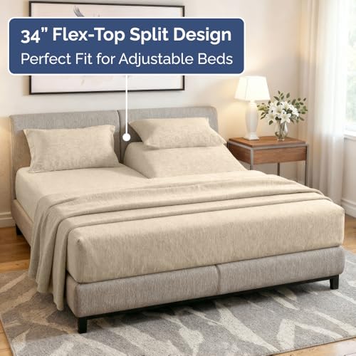 Flex Top Split Head King 4 Piece Sheet Set (38 - Heathered Beige / Split Head/Flex Top)