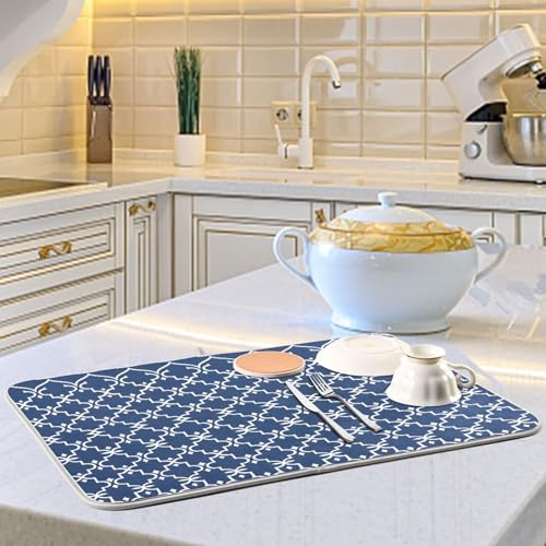 Super Absorbent Dish Drying Mat Microfiber Fast (Navy Blue Moroccan / 18" x 24")
