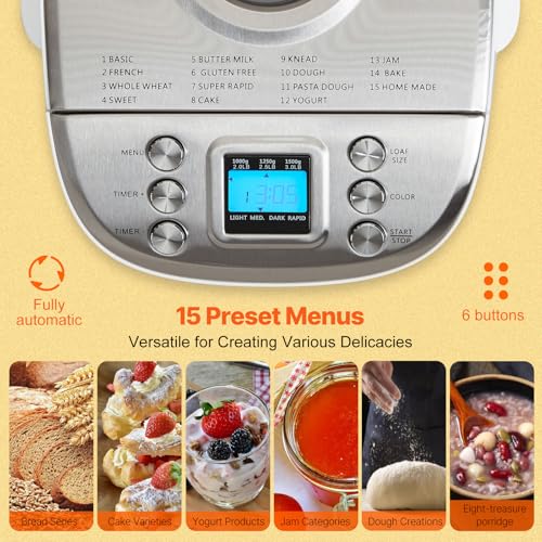 Bread Maker Dough Machine 15 Menus in 1 (White+Silver)