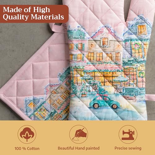 100% Cotton Oven Mitt & Pot Holder Set (124 - Christmas Market - Pink / 7.5" x 13" & 8" x 8" (Oven Mitt & Pot Holder))