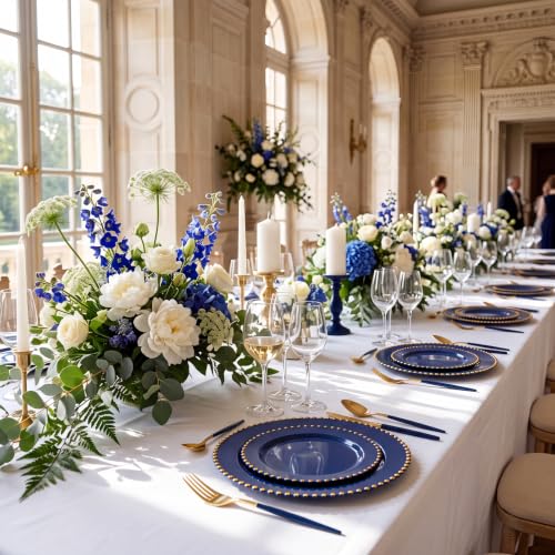 100PCS Navy Blue Plastic Plates with Gold Trim for Party Banquets (Navy Blue and Gold Plastic Plates / 100PCS)