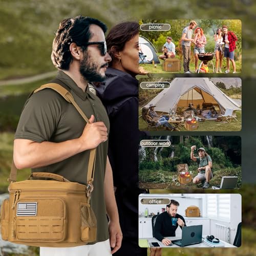 Tactical Lunch Bag for mens Military heavy duty lunch box work Leakproof insulated Durable Thermal Cooler Bag for Adult Meal for Office Camping Picnic Pail MOLLE Webbing Khaki