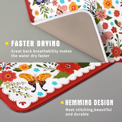Flowers Printed Dish Drying Mat Floral Coffee Mat for Kitchen Counter Small (Light Flowers Red / 18" x 16")
