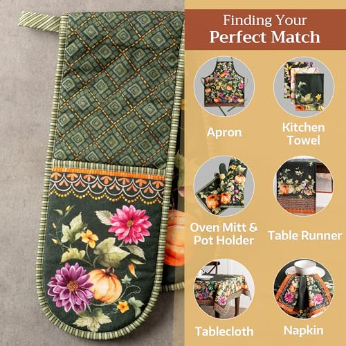 Double Oven Mitts 100% Cotton Double Oven Glove (026 - Pumpkin Garden - Dark Green / 7" x 35" (Double Oven Mitt))