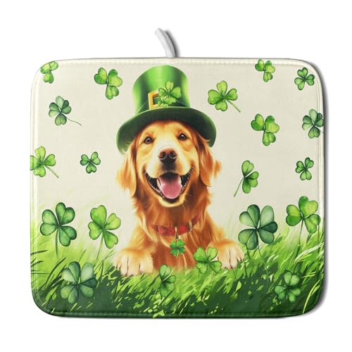 St Patrick's Day Dog Dish Drying Mat 16x18 inch Green Shamrock Dishes Pad Absorbent Microfiber Dish Drainer Mat for Kitchen Counter Coffee (Shamrock Dog / 16" x 18")