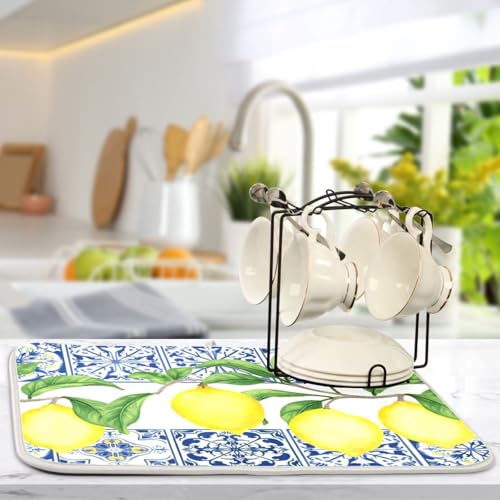 Lemon Blue Tiles Dish Drying Mat for Kitchen Counter Absorbent Microfiber Drying Pad (16" x 18")