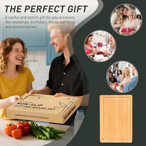 Bamboo Cutting Board Set Non Slip Feet with Holder Over Sink Kitchen Gadgets Seller 2025 First Apartment Must Haves Things Stuff Accessories House Warming Decor Housewarming Hostess Host Gifts (3 Pack with Holder / Natural)