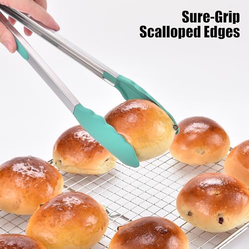 Kitchen Tongs with Silicone Tips for Cooking Serving (12in / Aqua Sky)