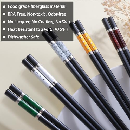 5 Pairs Premium Chopsticks Reusable Dishwasher Safe 9.5 Inch Fiberglass Chop Sticks Gift Set Non Slip Multi Color (Classic)