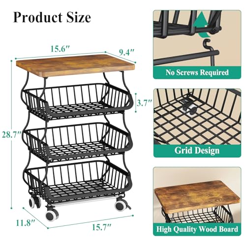 4 Tier Fruit and Vegetable Basket Stand for Kitchen (Black / 4 Tiers)