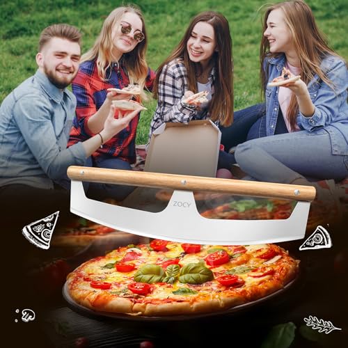 Pizza Cutter Rocker with Wooden Handles & Protective Cover by ZOCY