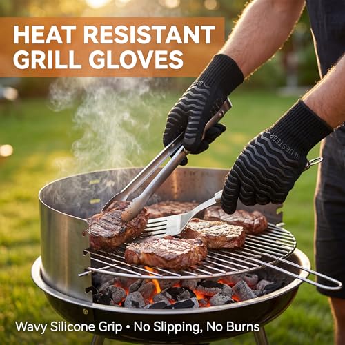 BBQ Gloves 1472°F Heat Resistant Oven Gloves with Fingers (Black-black / One Size Fits Most)