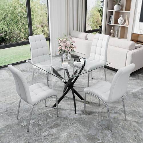 36” Square Glass Dining Table Set for 4 (Black Square Table/White Pu Chairs / 5 Pieces)