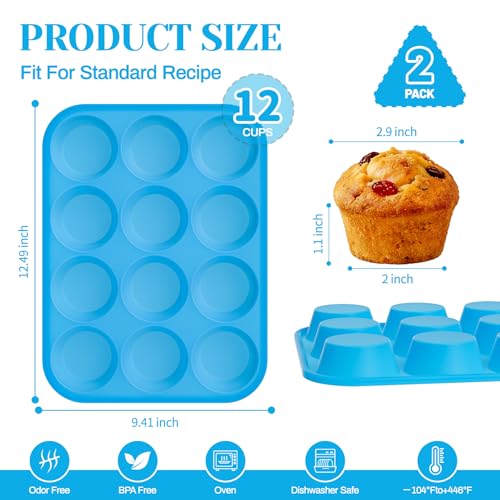 2Pack Silicone Muffin Pans with Metal Reinforced Frame (2Pack Blue)