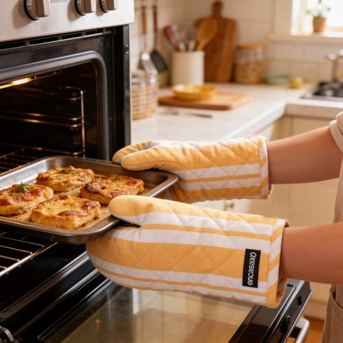 Oven Mitts Heat Resistant Kitchen Gloves (Oven Gloves / Franca Yellow Stripes)