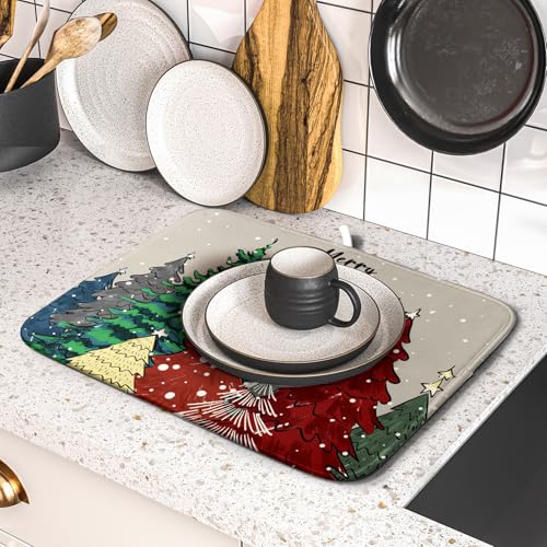 Christmas Trees Dish Drying Mat Winter Holiday Kitchen Dishes Pad 16x18 Inch Absorbent Reversible Fast Dry Draining Rack Pad for Countertop (Christmas Snow Trees / 16" x 18")
