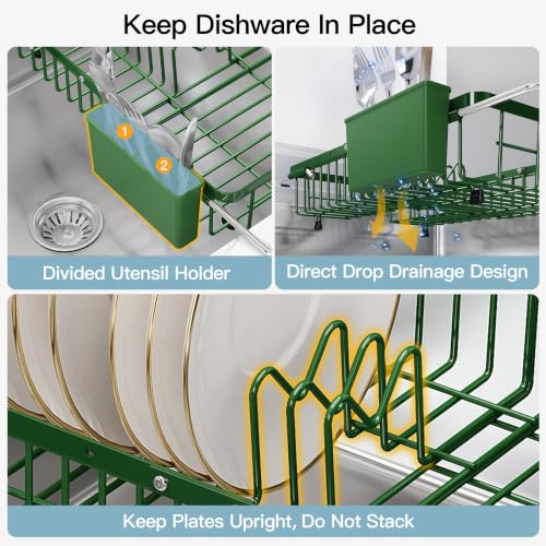 Green Dish Drying Rack Over the Sink with Utensil Holder (Green / For 12.5"-30"w Sink, Expandable)