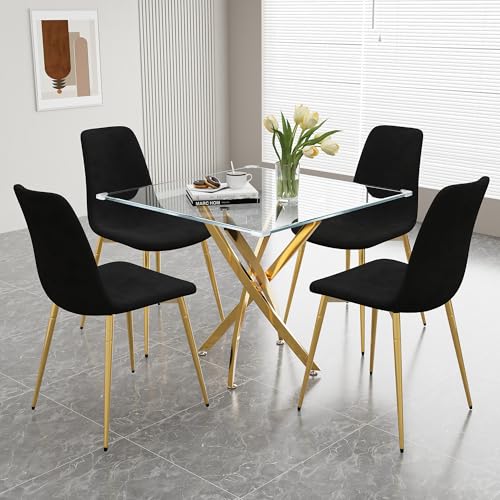36" Square Glass Dining Table Set for 4 (Gold Square Table/Black Velvet Chairs / 5 Pieces)